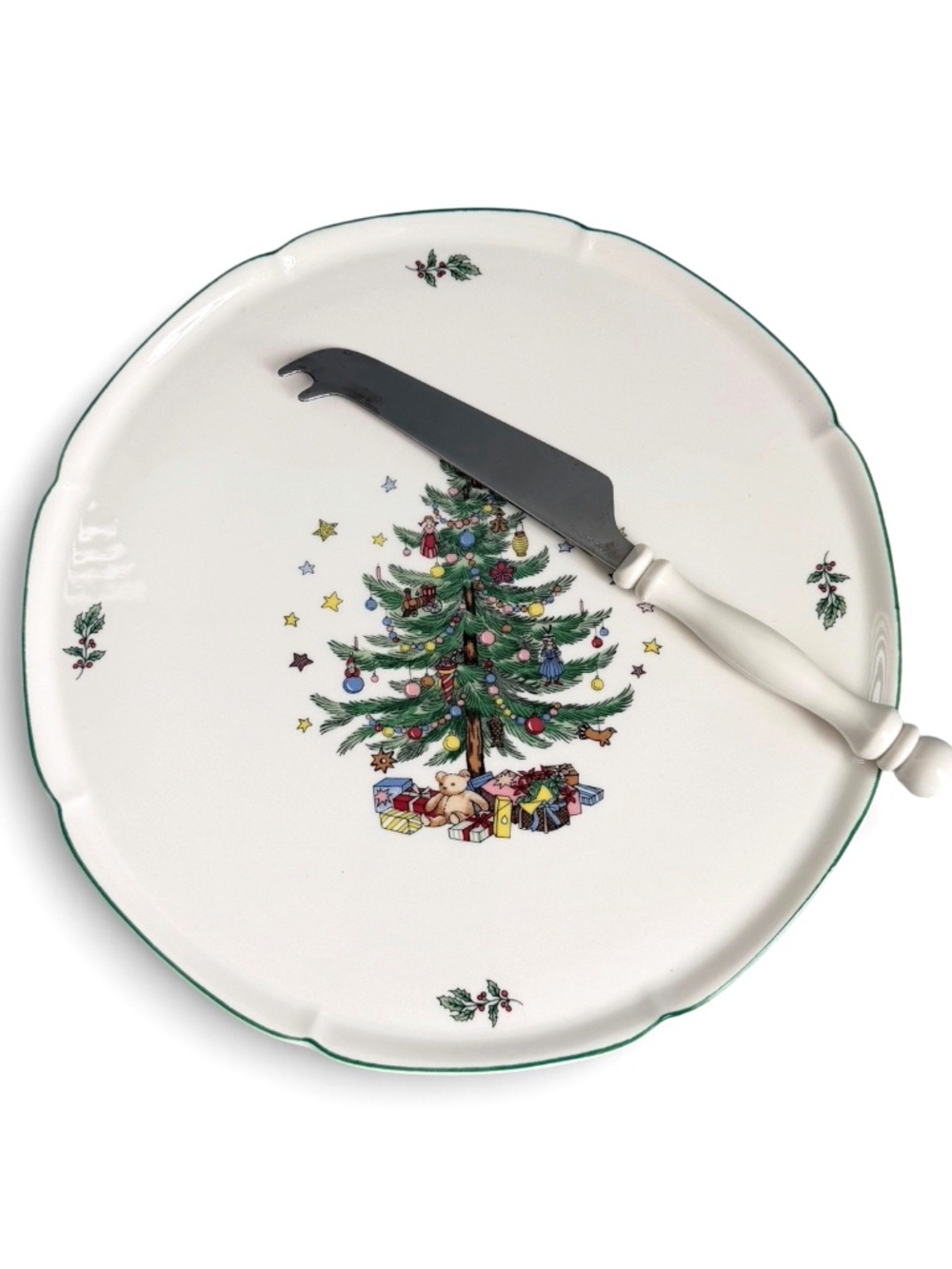 Nikko Christmastime Cheese Plate 9.75” w/Knife Teddy Bear Christmas Tree Box